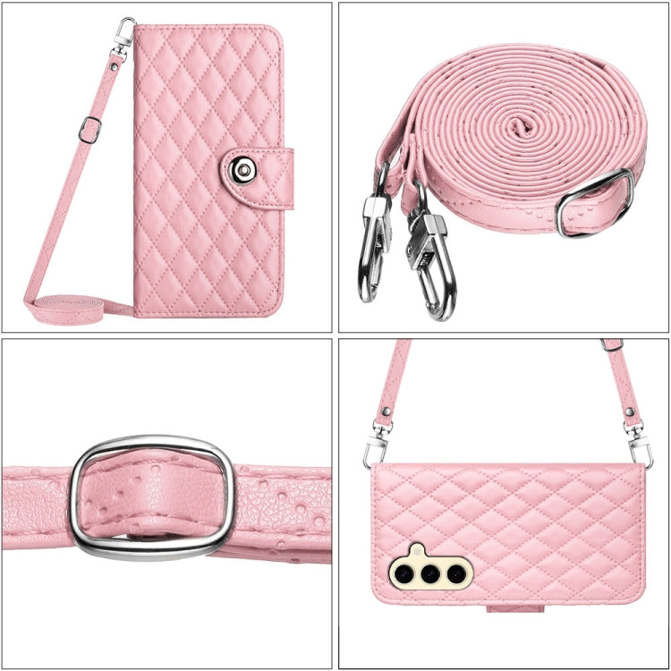For Samsung Galaxy S24 5G Rhombic Texture Flip Leather Phone Case with Long Lanyard(Pink) - HoMEdemic™ 