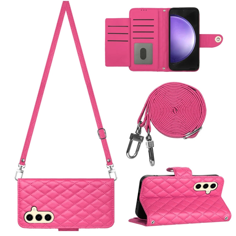 For Samsung Galaxy S24 5G Rhombic Texture Flip Leather Phone Case with Long Lanyard(Rose Red) - HoMEdemic™ 