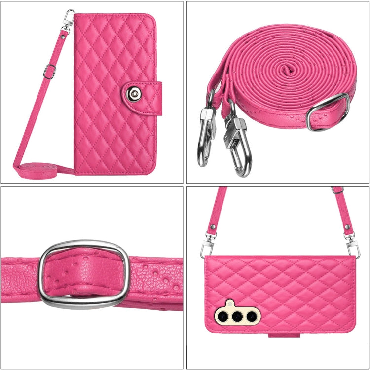 For Samsung Galaxy S24 5G Rhombic Texture Flip Leather Phone Case with Long Lanyard(Rose Red) - HoMEdemic™ 