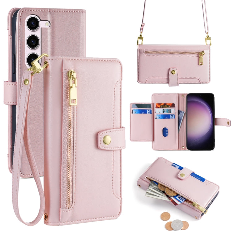 For Samsung Galaxy S24 5G Sheep Texture Cross-body Zipper Wallet Leather Phone Case(Pink) - HoMEdemic™ 