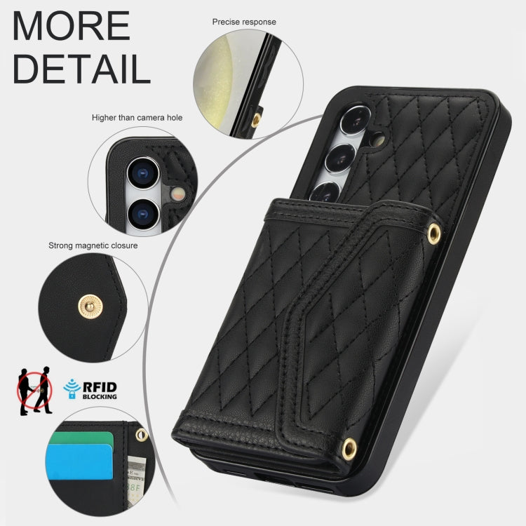 For Samsung Galaxy S24 5G Splicing Rhombic Texture Card Bag Phone Case with Long Lanyard(Black) - HoMEdemic™ 