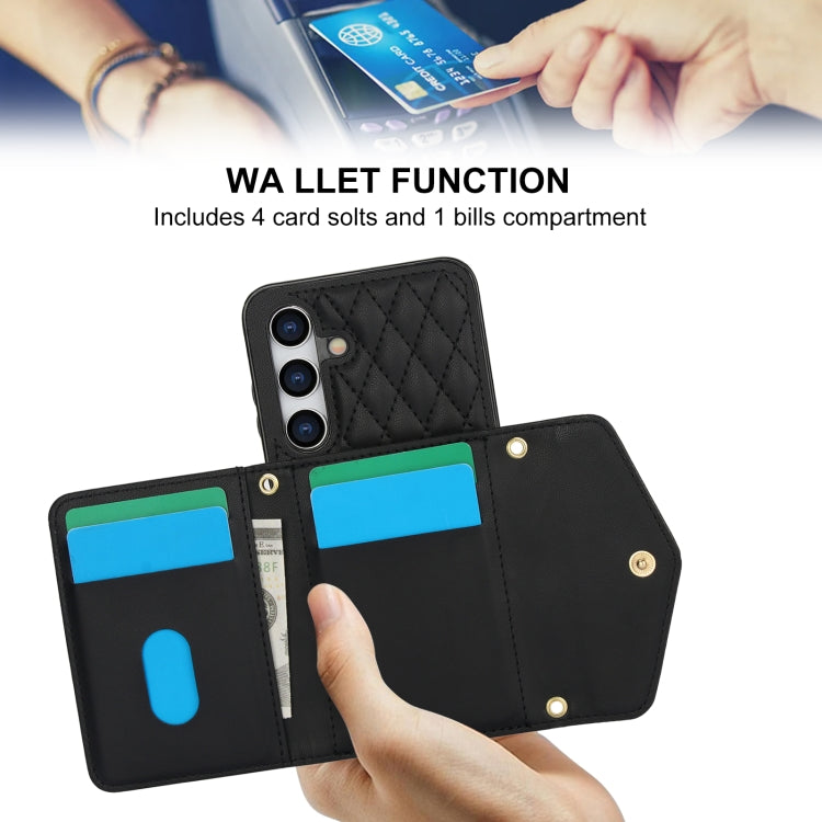 For Samsung Galaxy S24 5G Splicing Rhombic Texture Card Bag Phone Case with Long Lanyard(Black) - HoMEdemic™ 