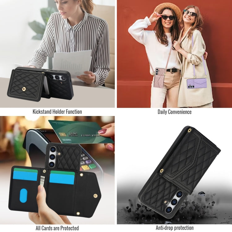 For Samsung Galaxy S24 5G Splicing Rhombic Texture Card Bag Phone Case with Long Lanyard(Black) - HoMEdemic™ 