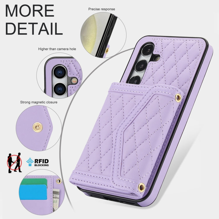 For Samsung Galaxy S24 5G Splicing Rhombic Texture Card Bag Phone Case with Long Lanyard(Purple) - HoMEdemic™ 