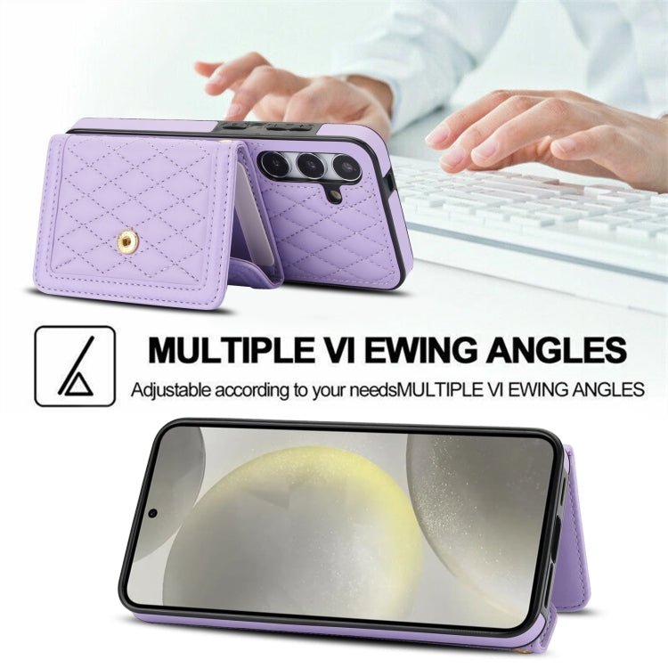 For Samsung Galaxy S24 5G Splicing Rhombic Texture Card Bag Phone Case with Long Lanyard(Purple) - HoMEdemic™ 