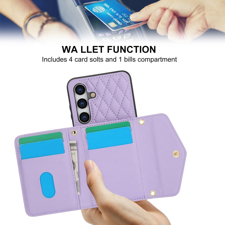 For Samsung Galaxy S24 5G Splicing Rhombic Texture Card Bag Phone Case with Long Lanyard(Purple) - HoMEdemic™ 