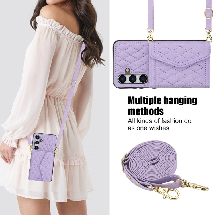 For Samsung Galaxy S24 5G Splicing Rhombic Texture Card Bag Phone Case with Long Lanyard(Purple) - HoMEdemic™ 