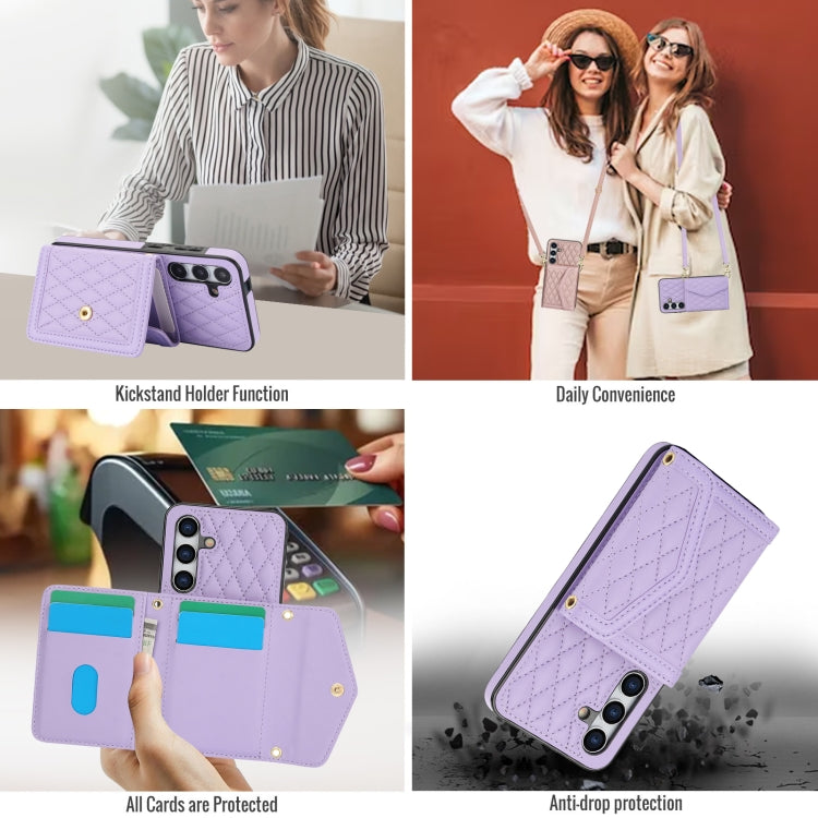 For Samsung Galaxy S24 5G Splicing Rhombic Texture Card Bag Phone Case with Long Lanyard(Purple) - HoMEdemic™ 