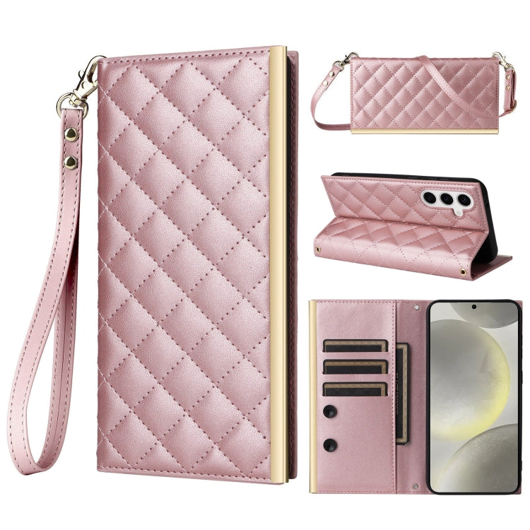 For Samsung Galaxy S24 / S25 5G Crossbody Rhombic Sucker Leather Phone Case(Rose Gold) - HoMEdemic™ 