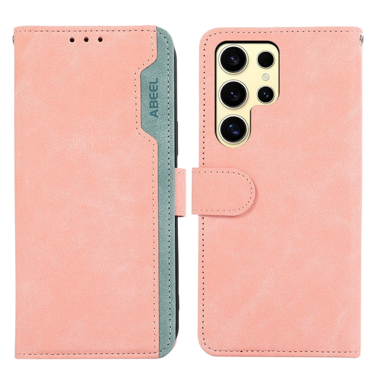 For Samsung Galaxy S24 Ultra 5G ABEEL Color Block Magnetic RFID Leather Phone Case(Pink-Cyan) - HoMEdemic™ 