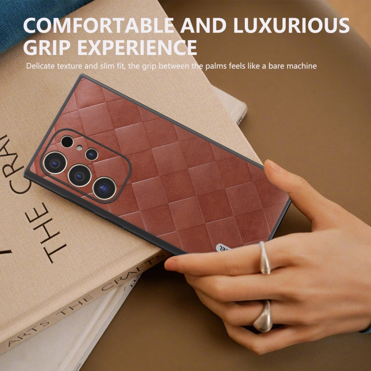 For Samsung Galaxy S24 Ultra 5G ABEEL Weave Plaid PU Phone Case(Brown) - HoMEdemic™ 
