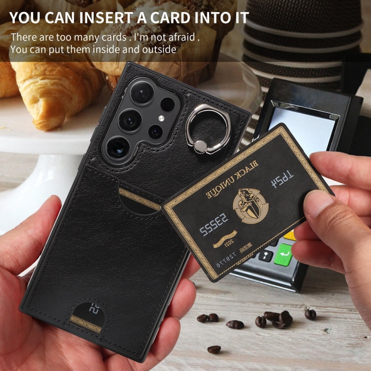For Samsung Galaxy S24 Ultra 5G Calf Texture Card Slot Ring Holder Phone Case(Black) - HoMEdemic™ 