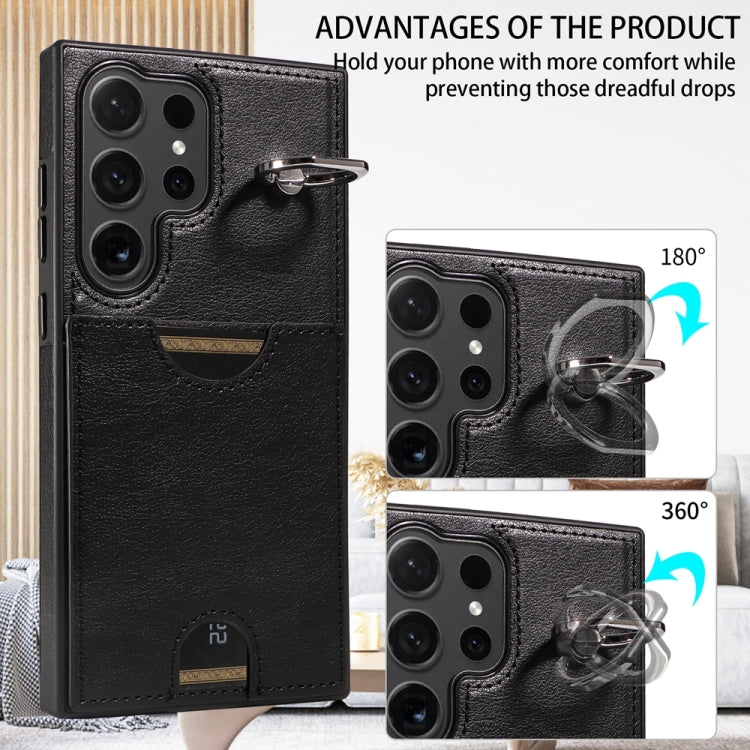 For Samsung Galaxy S24 Ultra 5G Calf Texture Card Slot Ring Holder Phone Case(Black) - HoMEdemic™ 