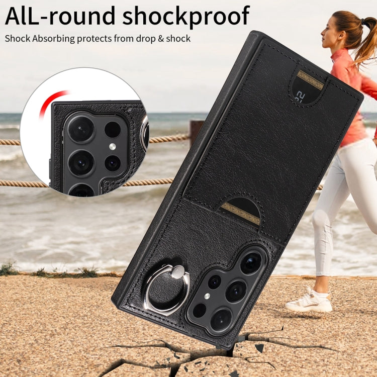 For Samsung Galaxy S24 Ultra 5G Calf Texture Card Slot Ring Holder Phone Case(Black) - HoMEdemic™ 