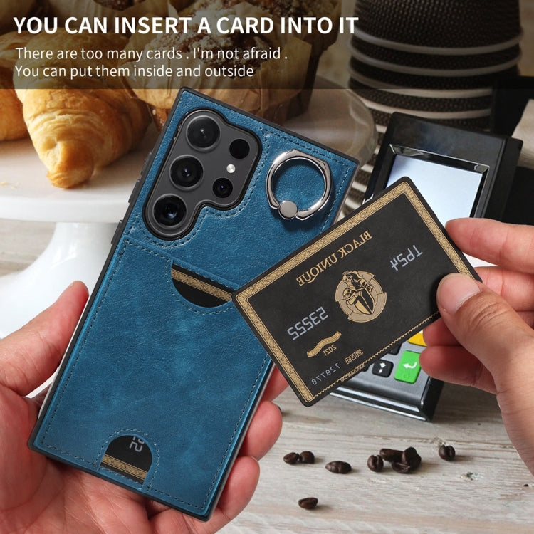 For Samsung Galaxy S24 Ultra 5G Calf Texture Card Slot Ring Holder Phone Case(Blue) - HoMEdemic™ 