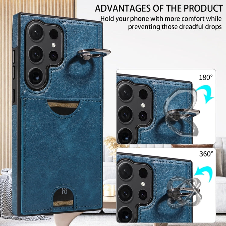 For Samsung Galaxy S24 Ultra 5G Calf Texture Card Slot Ring Holder Phone Case(Blue) - HoMEdemic™ 