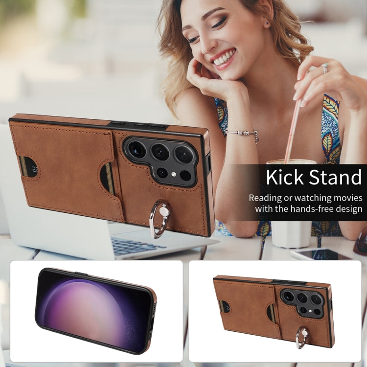 For Samsung Galaxy S24 Ultra 5G Calf Texture Card Slot Ring Holder Phone Case(Brown) - HoMEdemic™ 