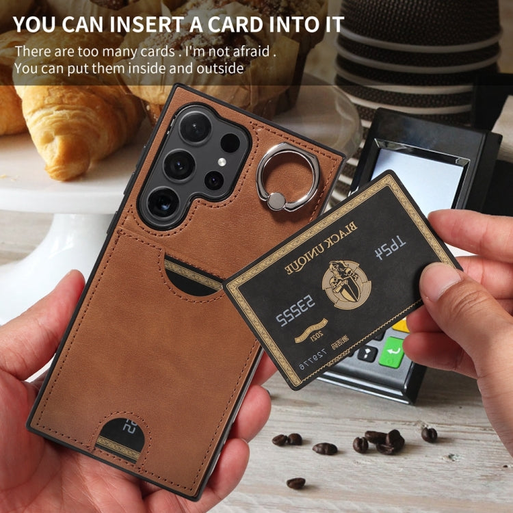 For Samsung Galaxy S24 Ultra 5G Calf Texture Card Slot Ring Holder Phone Case(Brown) - HoMEdemic™ 
