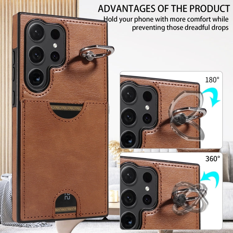 For Samsung Galaxy S24 Ultra 5G Calf Texture Card Slot Ring Holder Phone Case(Brown) - HoMEdemic™ 