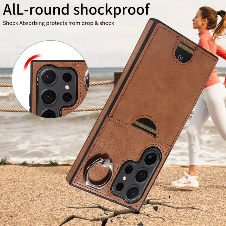 For Samsung Galaxy S24 Ultra 5G Calf Texture Card Slot Ring Holder Phone Case(Brown) - HoMEdemic™ 