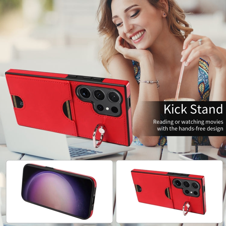 For Samsung Galaxy S24 Ultra 5G Calf Texture Card Slot Ring Holder Phone Case(Red) - HoMEdemic™ 