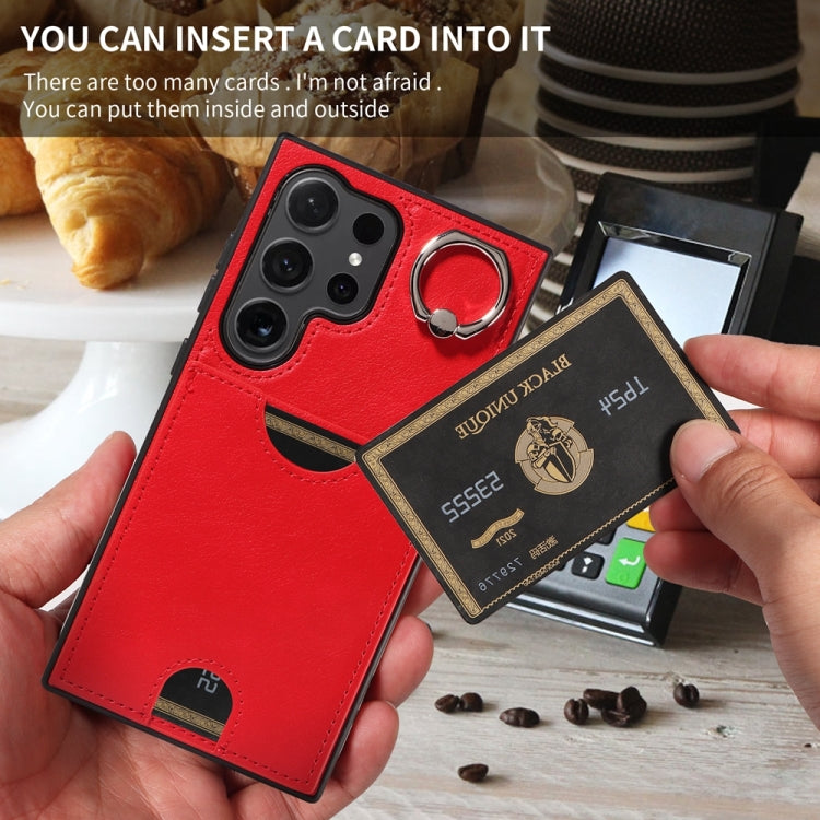 For Samsung Galaxy S24 Ultra 5G Calf Texture Card Slot Ring Holder Phone Case(Red) - HoMEdemic™ 