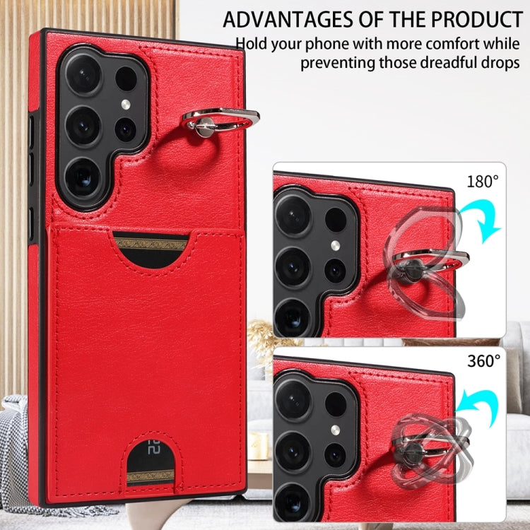 For Samsung Galaxy S24 Ultra 5G Calf Texture Card Slot Ring Holder Phone Case(Red) - HoMEdemic™ 