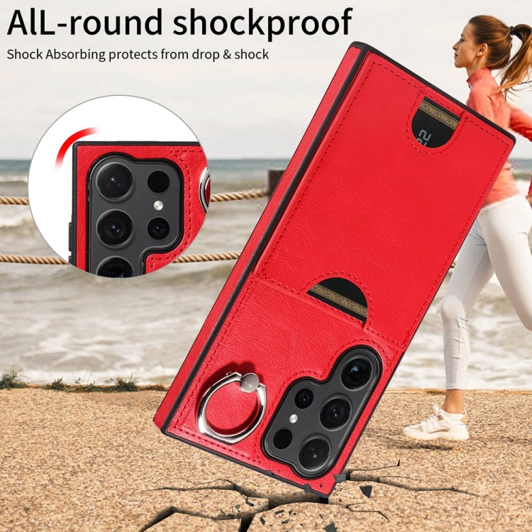 For Samsung Galaxy S24 Ultra 5G Calf Texture Card Slot Ring Holder Phone Case(Red) - HoMEdemic™ 