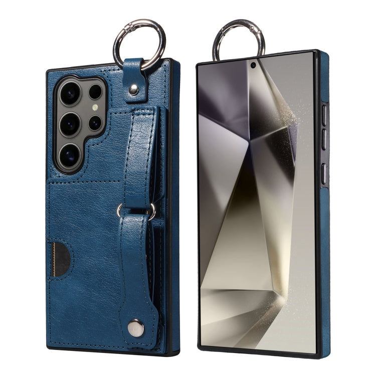 For Samsung Galaxy S24 Ultra 5G Calf Texture Wrist Card Slot Ring Phone Case(Blue) - HoMEdemic™ 