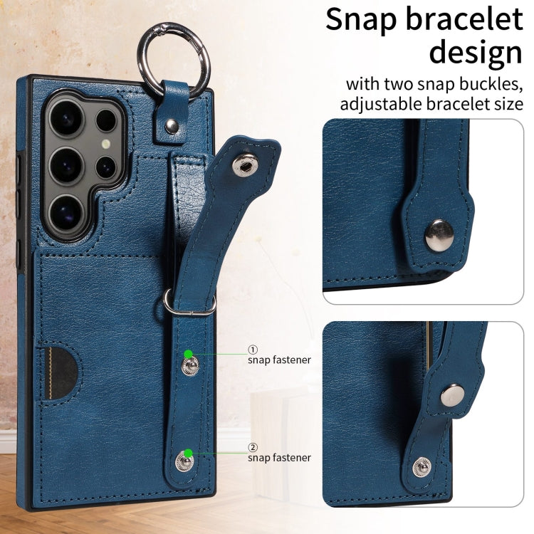 For Samsung Galaxy S24 Ultra 5G Calf Texture Wrist Card Slot Ring Phone Case(Blue) - HoMEdemic™ 