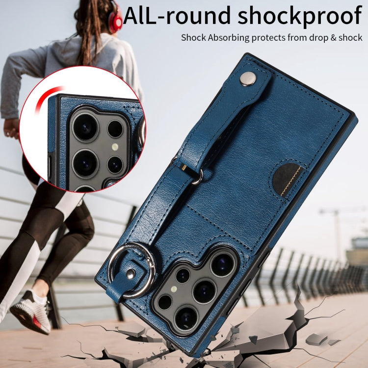 For Samsung Galaxy S24 Ultra 5G Calf Texture Wrist Card Slot Ring Phone Case(Blue) - HoMEdemic™ 