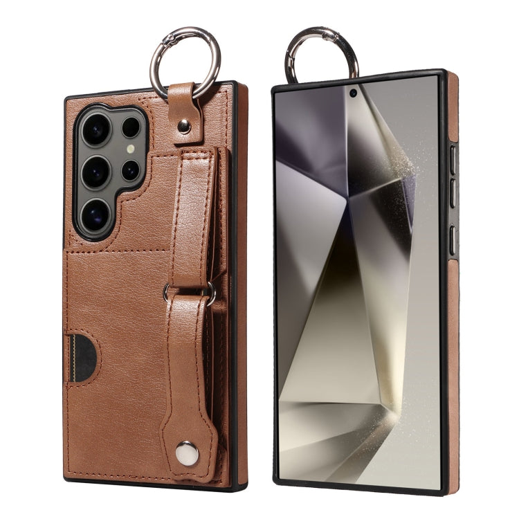 For Samsung Galaxy S24 Ultra 5G Calf Texture Wrist Card Slot Ring Phone Case(Brown) - HoMEdemic™ 