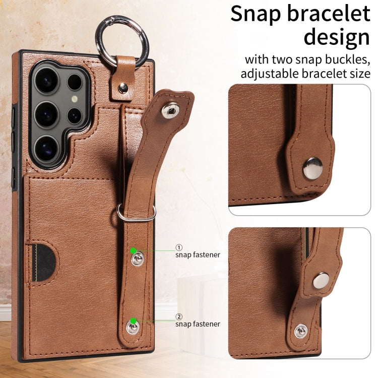 For Samsung Galaxy S24 Ultra 5G Calf Texture Wrist Card Slot Ring Phone Case(Brown) - HoMEdemic™ 