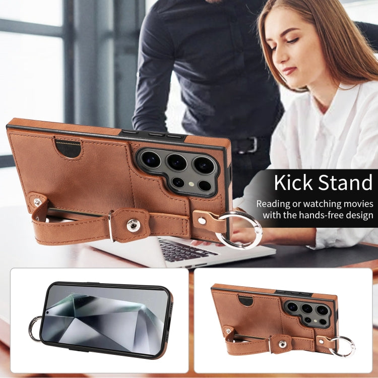 For Samsung Galaxy S24 Ultra 5G Calf Texture Wrist Card Slot Ring Phone Case(Brown) - HoMEdemic™ 