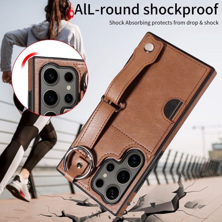 For Samsung Galaxy S24 Ultra 5G Calf Texture Wrist Card Slot Ring Phone Case(Brown) - HoMEdemic™ 
