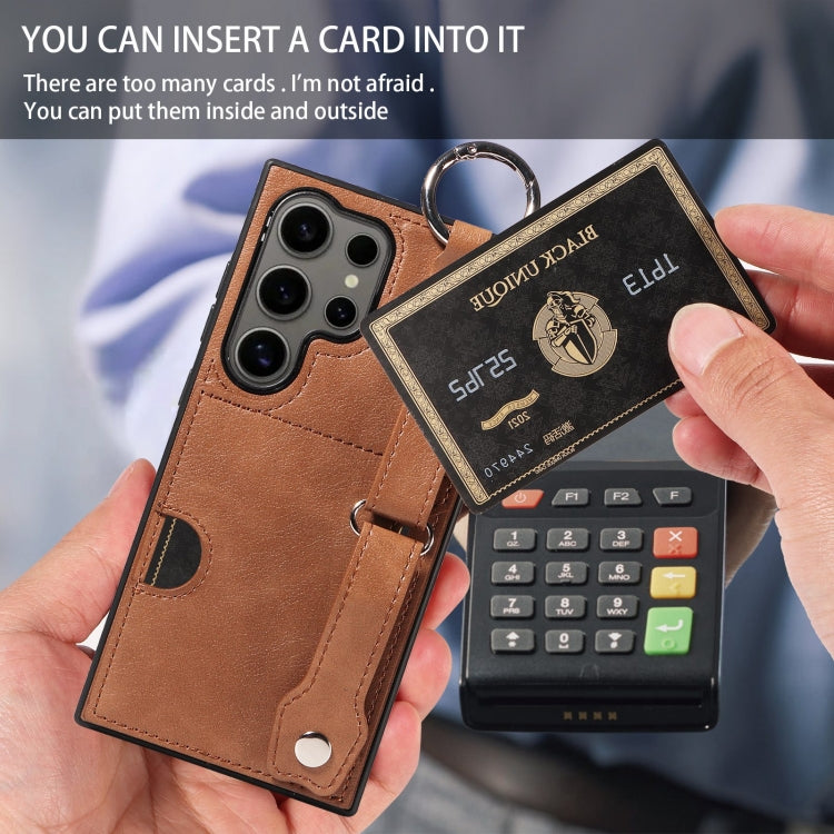 For Samsung Galaxy S24 Ultra 5G Calf Texture Wrist Card Slot Ring Phone Case(Brown) - HoMEdemic™ 