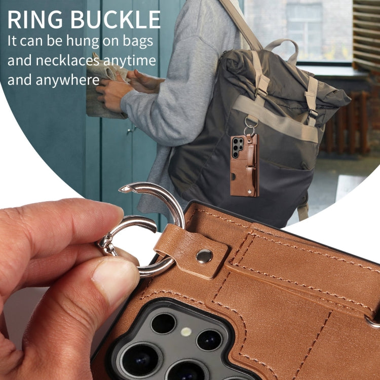 For Samsung Galaxy S24 Ultra 5G Calf Texture Wrist Card Slot Ring Phone Case(Brown) - HoMEdemic™ 