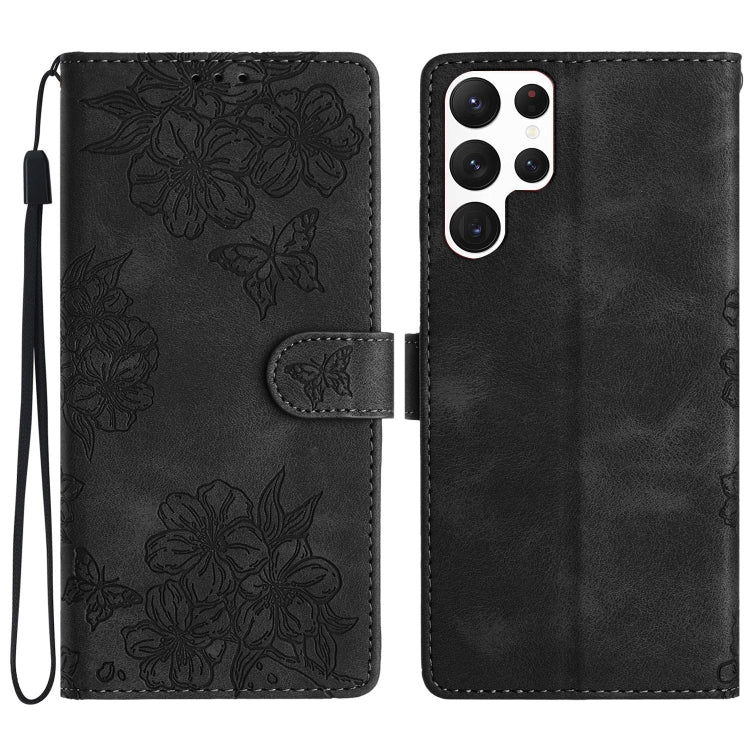 For Samsung Galaxy S24 Ultra 5G Cherry Blossom Butterfly Skin Feel Embossed PU Phone Case(Black) - HoMEdemic™ 