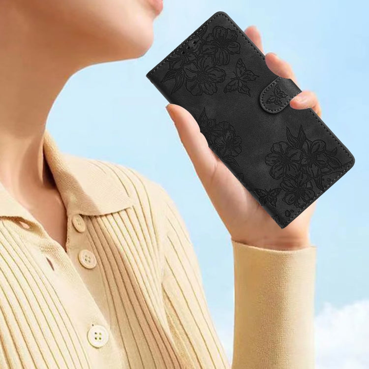 For Samsung Galaxy S24 Ultra 5G Cherry Blossom Butterfly Skin Feel Embossed PU Phone Case(Black) - HoMEdemic™ 