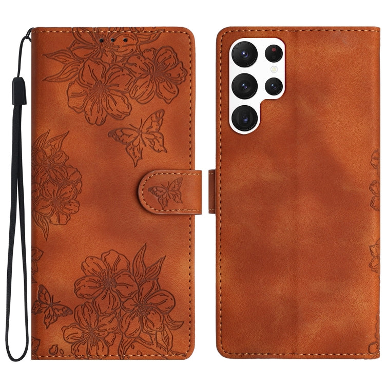For Samsung Galaxy S24 Ultra 5G Cherry Blossom Butterfly Skin Feel Embossed PU Phone Case(Brown) - HoMEdemic™ 