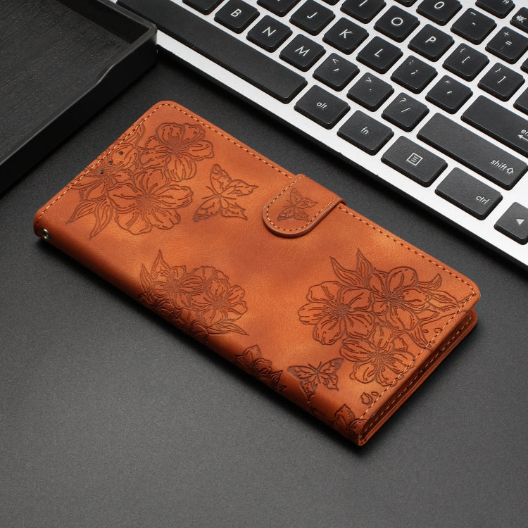 For Samsung Galaxy S24 Ultra 5G Cherry Blossom Butterfly Skin Feel Embossed PU Phone Case(Brown) - HoMEdemic™ 