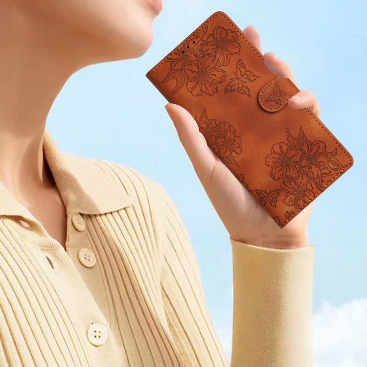 For Samsung Galaxy S24 Ultra 5G Cherry Blossom Butterfly Skin Feel Embossed PU Phone Case(Brown) - HoMEdemic™ 