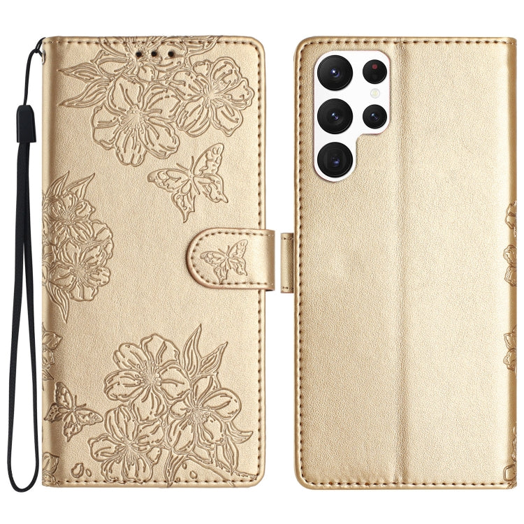 For Samsung Galaxy S24 Ultra 5G Cherry Blossom Butterfly Skin Feel Embossed PU Phone Case(Gold) - HoMEdemic™ 