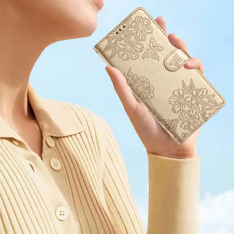 For Samsung Galaxy S24 Ultra 5G Cherry Blossom Butterfly Skin Feel Embossed PU Phone Case(Gold) - HoMEdemic™ 