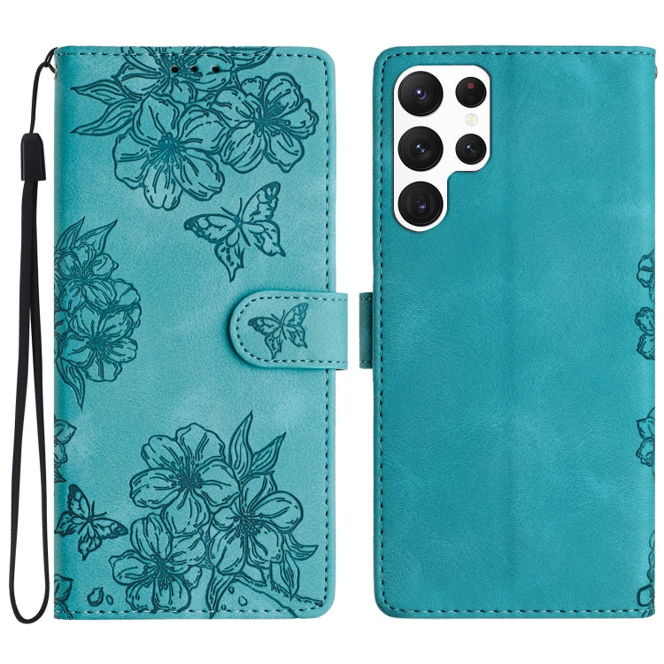 For Samsung Galaxy S24 Ultra 5G Cherry Blossom Butterfly Skin Feel Embossed PU Phone Case(Green) - HoMEdemic™ 