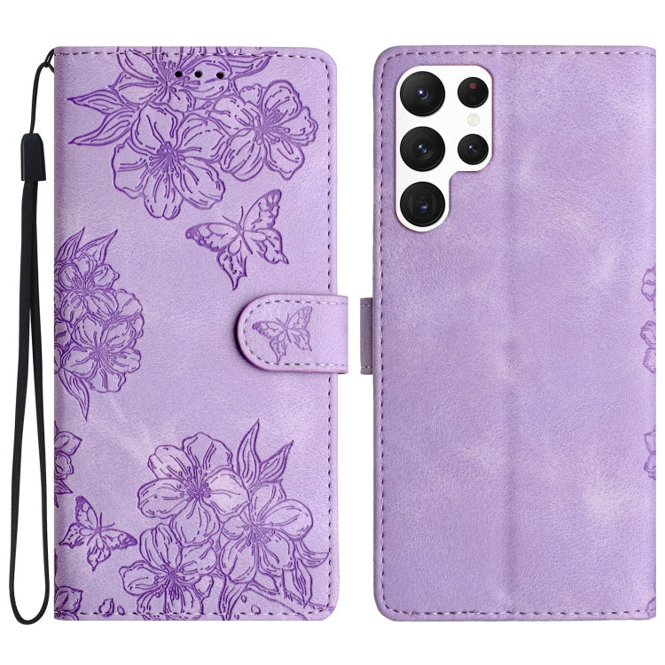 For Samsung Galaxy S24 Ultra 5G Cherry Blossom Butterfly Skin Feel Embossed PU Phone Case(Purple) - HoMEdemic™ 
