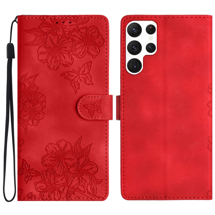For Samsung Galaxy S24 Ultra 5G Cherry Blossom Butterfly Skin Feel Embossed PU Phone Case(Red) - HoMEdemic™ 