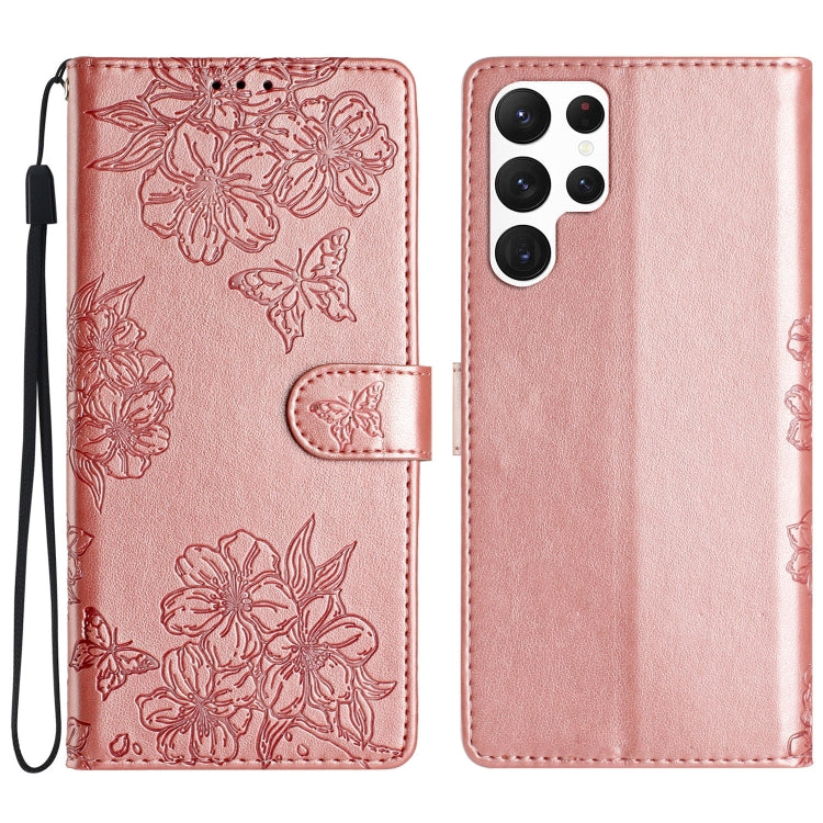 For Samsung Galaxy S24 Ultra 5G Cherry Blossom Butterfly Skin Feel Embossed PU Phone Case(Rose Gold) - HoMEdemic™ 