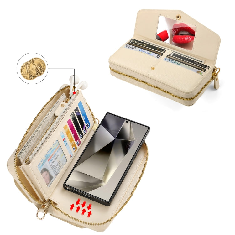 For Samsung Galaxy S24 Ultra 5G Crossbody Multi-functional Zipper Wallet Litchi Leather Phone Case(Beige) - HoMEdemic™ 