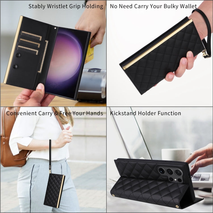 For Samsung Galaxy S24 Ultra 5G Crossbody Rhombic Sucker Leather Phone Case(Black) - HoMEdemic™ 